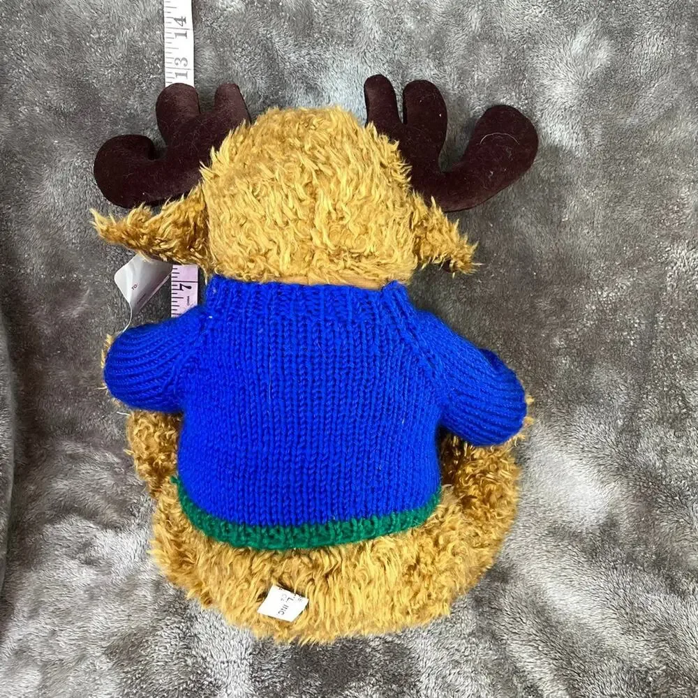 Vintage Reindeer Plush Moose Brown Curly Hair Blue Sweater 15” HugFun Toy TAGS